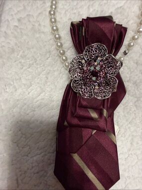 Burgundy Satin Tie Necklace with Rhinestone Flower Pin